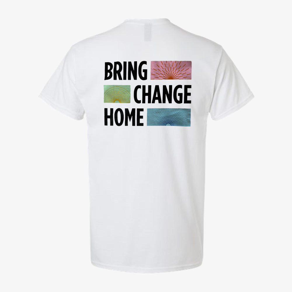 The Bring Change Home Youth T-Shirt features the phrase "BRING CHANGE HOME" in black on the back, accented by three vibrant abstract square graphics beside each word—an ideal choice for inspiring youth leaders and celebrating positive action.