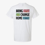 The Bring Change Home Youth T-Shirt features the phrase "BRING CHANGE HOME" in black on the back, accented by three vibrant abstract square graphics beside each word—an ideal choice for inspiring youth leaders and celebrating positive action.