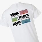 Back of the Bring Change Home Youth T-Shirt, a kids' shirt from the Obama Foundation, features bold text reading "BRING CHANGE HOME" and three colorful abstract rectangular designs positioned above, between, and below the words—an inspirational youth leadership tee.