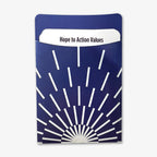 A blue envelope with a white sunburst pattern holds a white "Hope to Action Values" card from the Obama Foundation’s Hope To Action Card Deck, inspired by core leadership principles.