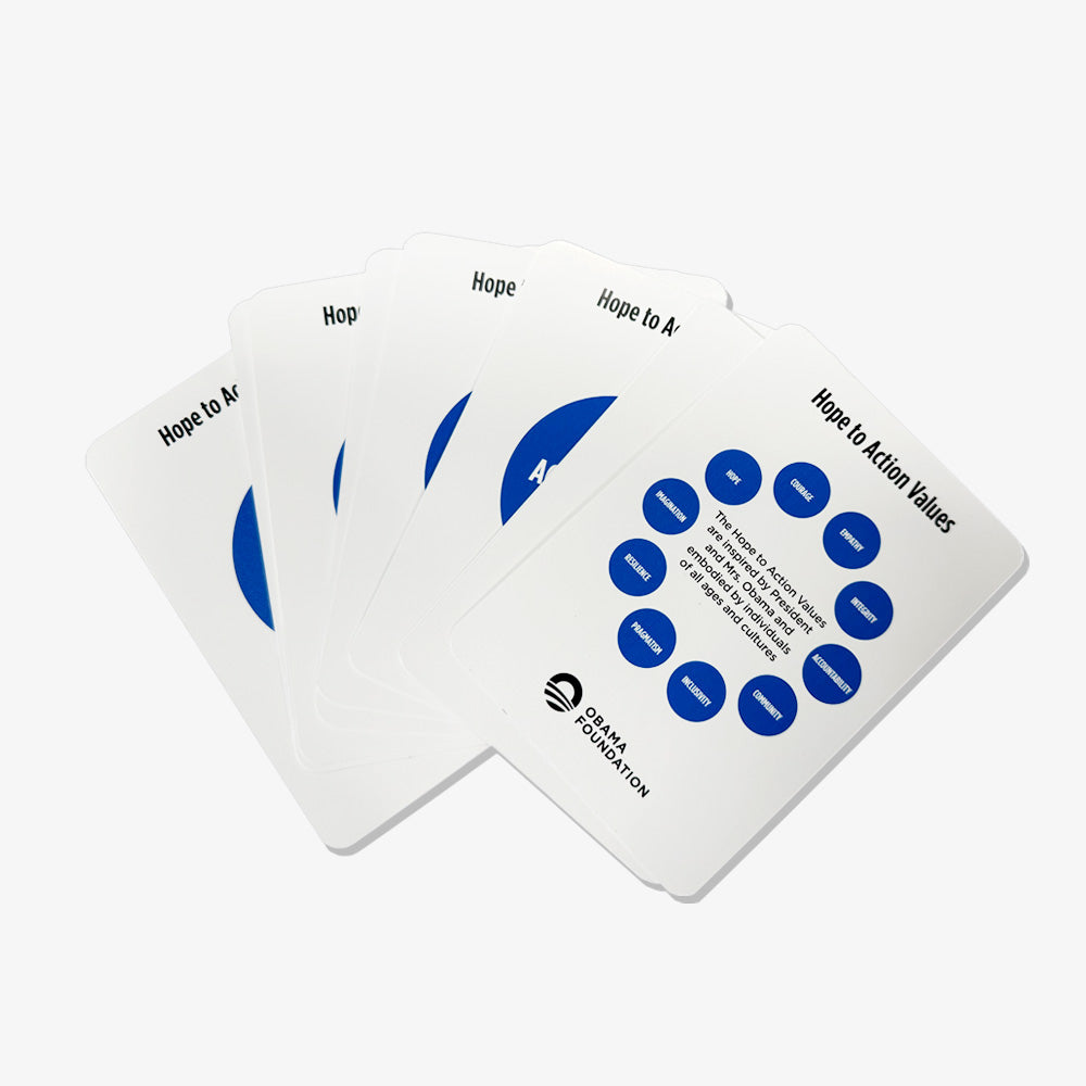 A set of Hope To Action Card Deck cards, white with blue circles, topped with "Hope to Action Values and Leadership Principles" and displaying the Obama Foundation logo.