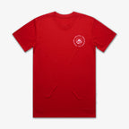 The Obama Presidential Center Hope to Action T-shirt - Sunset is a plain red tee with a small white circular logo on the left chest reading “OBAMA PRESIDENTIAL CENTER” around a stylized O—an inspiring and stylish choice.