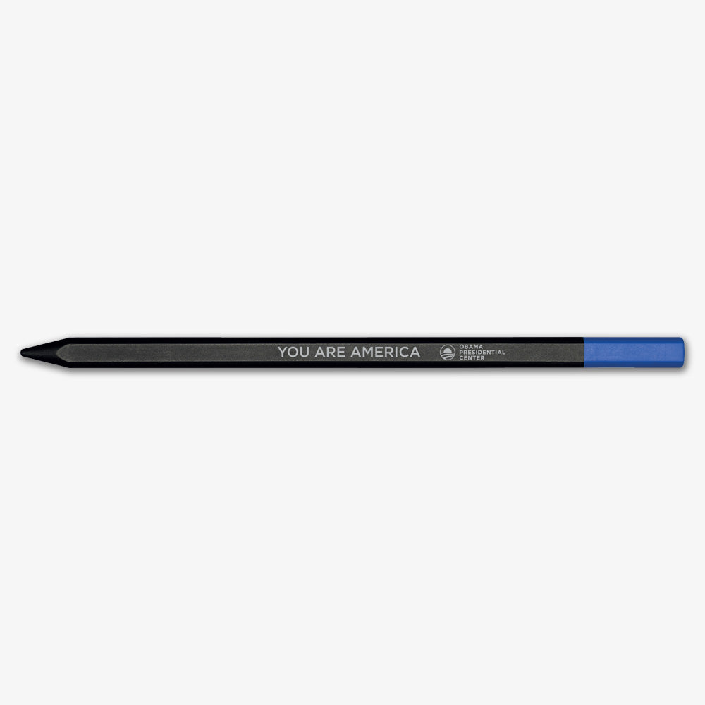The Obama Presidential Center "You are America" Perpetua Pencil features a dust-free blue eraser and has "YOU ARE AMERICA" printed in white along the side.