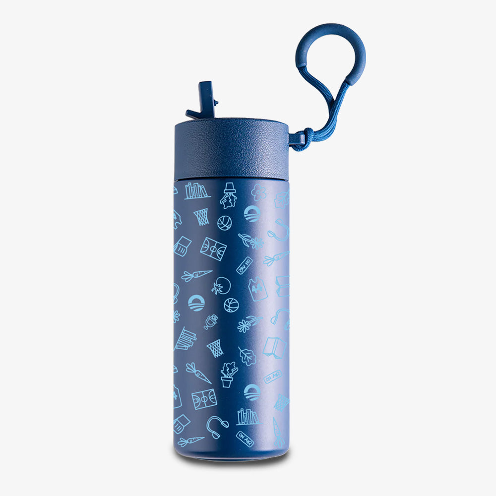 The Obama Presidential Center Hope Water Bottle, Navy, features a flip-top lid, attached carabiner, and light blue icons of books, plants, and sports equipment on a plain white background.
