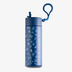 The Obama Presidential Center Hope Water Bottle, Navy, features a flip-top lid, attached carabiner, and light blue icons of books, plants, and sports equipment on a plain white background.