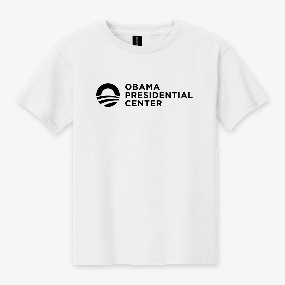 Certainly! Here is the rewritten sentence using the given product data: The Obama Presidential Center Logo Youth T-Shirt - White features a black Obama Foundation logo, reminiscent of a rising sun or letter "O" with stripes beneath it, positioned to the left of the black "Obama Presidential Center" text on the front.
