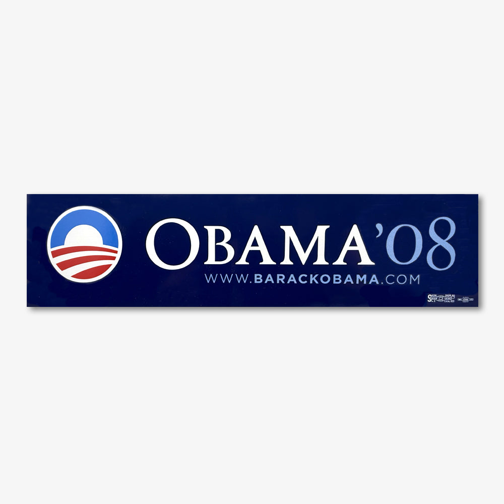 Official Obama 2008 Campaign Bumper Sticker, Blue—features the campaign logo with “OBAMA 08” and www.barackobama.com in white; a collectible from Barack Obama’s historic 2008 presidential run.