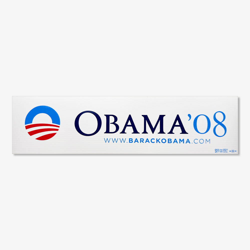 The Official Obama 2008 Campaign Bumper Sticker, White, features the Obama logo, "Obama 08," and www.barackobama.com in blue on a white background—a classic piece of presidential campaign memorabilia.