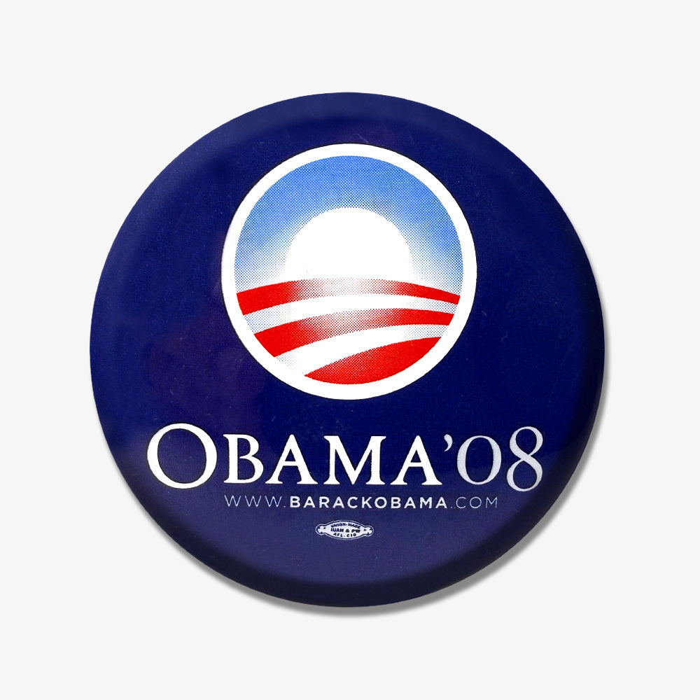 Official Obama 2008 Campaign Button, Blue—features a rising sun over red and white stripes with “OBAMA '08” and www.barackobama.com; ideal presidential election memorabilia.