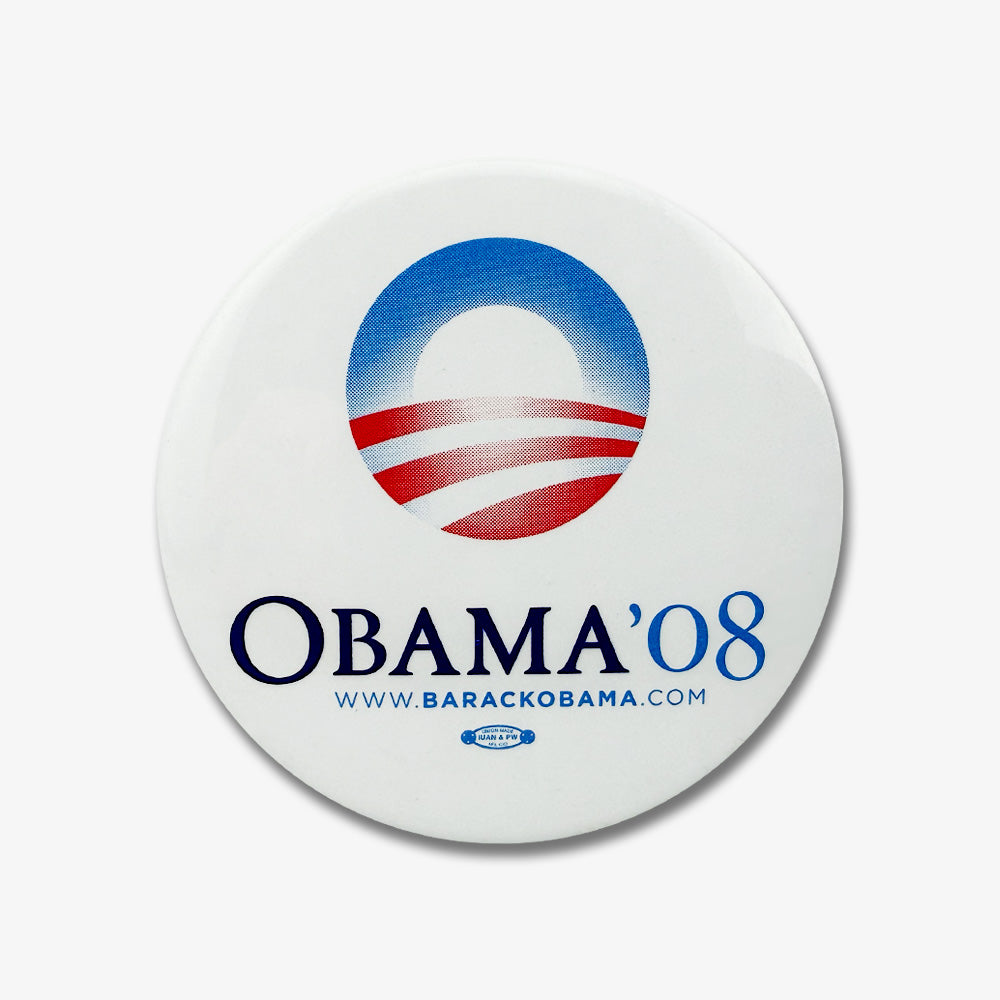 The Official Obama 2008 Campaign Button, White, features the iconic logo, OBAMA 08 text, and www.barackobama.com—a must-have collectible for any Barack Obama memorabilia enthusiast.