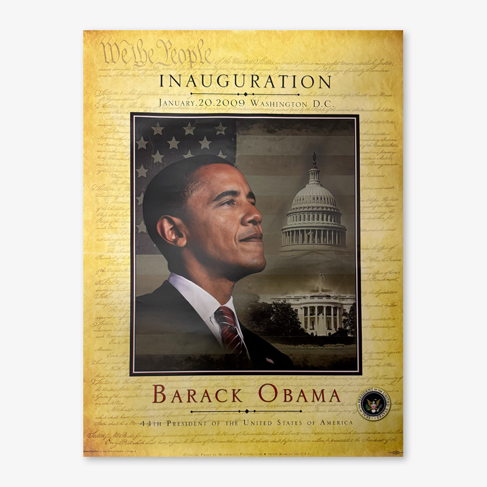 Official Obama 2009 Inauguration Poster features Obama’s portrait, the U.S. Capitol, and the White House on an American flag background, plus official inauguration details at the top. Collect this limited-edition item today!.