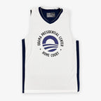 The Obama Presidential Center Home Court Jersey - White features navy trim, the Obama Foundation logo, and "OBAMA PRESIDENTIAL CENTER HOME COURT" printed on the front in navy blue.