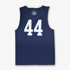 The Obama Presidential Center Home Court Youth Jersey - Navy is a sleeveless sports jersey with white trim, a large white 44 on the back, and a circular collar logo, inspired by the Home Court collection.