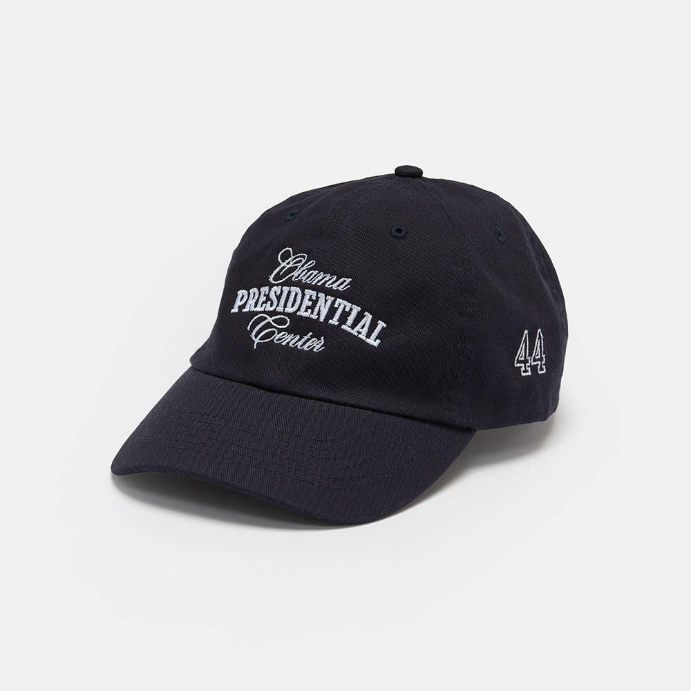 The Obama Presidential Center Embroidered Cap features “Obama Presidential Center” in white on the front and the number 44 stitched on the left side, honoring the legacy of the Obama Foundation.