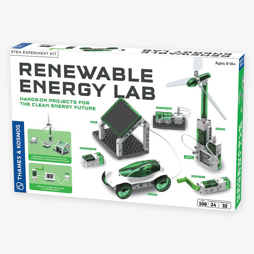 Renewable Energy Lab kit by Thames & Kosmos for ages 8+, includes hands-on STEM projects with a wind turbine, solar panel, hydrogen fuel cell, and a green vehicle—an exciting introduction to clean technology.