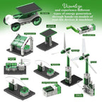 The Renewable Energy Lab kit features labeled models of a solar vehicle, hybrid power plant, hand crank generator, wind turbines, and wired components to demonstrate clean energy generation and storage.