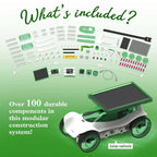 Image of the Renewable Energy Lab STEM kit with 100+ components—wheels, wires, panels, and connectors—shown above a finished solar car model. Text: What's included? Over 100 durable parts.