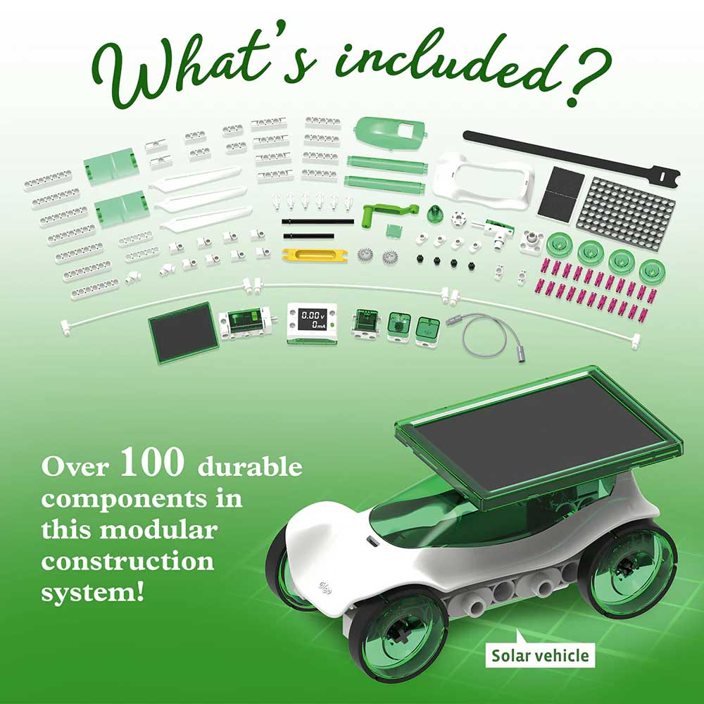 Image of the Renewable Energy Lab STEM kit with 100+ components—wheels, wires, panels, and connectors—shown above a finished solar car model. Text: What's included? Over 100 durable parts.