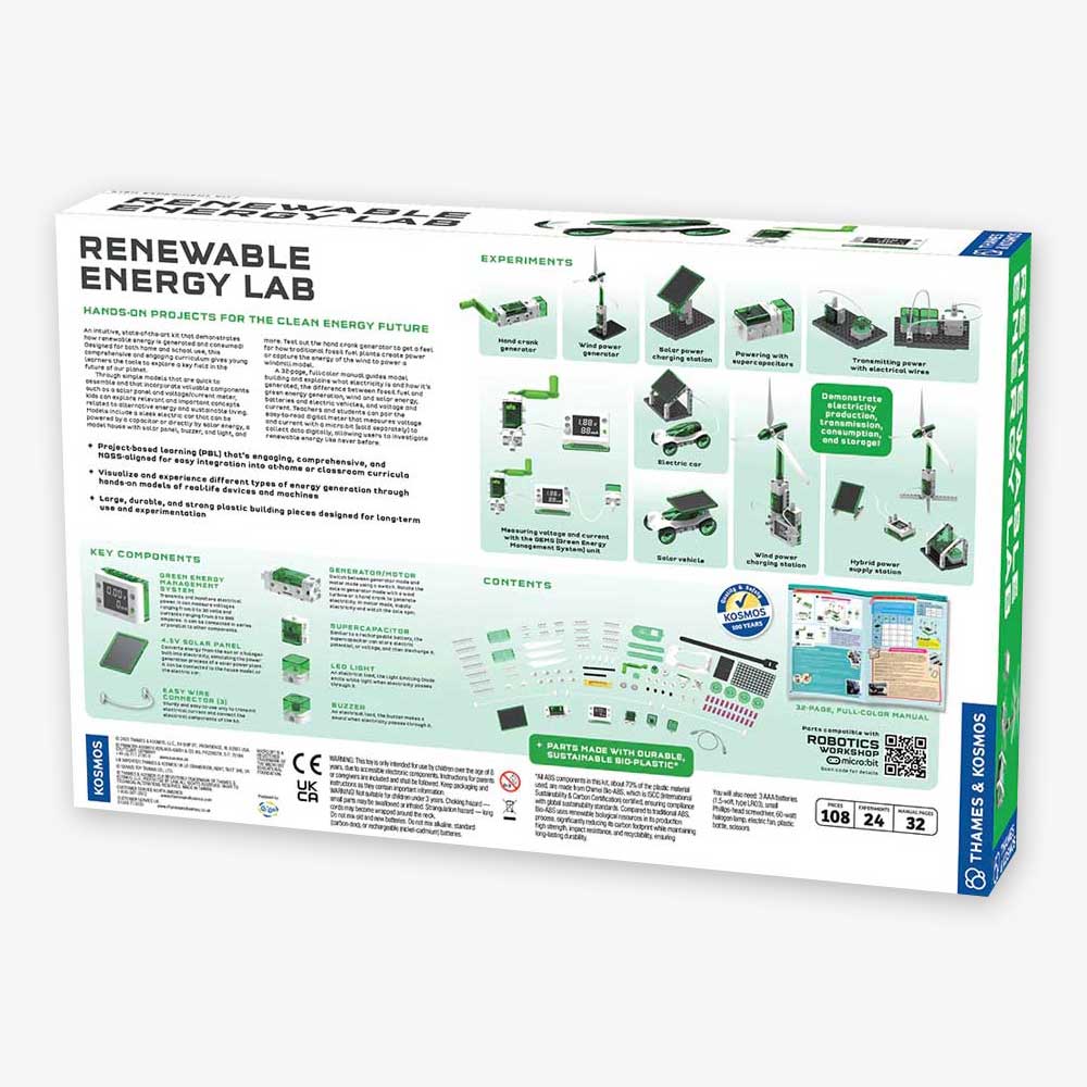 Back of Renewable Energy Lab box displays images of clean tech experiments, green and white parts, kit contents, educational features, and brief descriptions for building wind, solar, and water power projects.