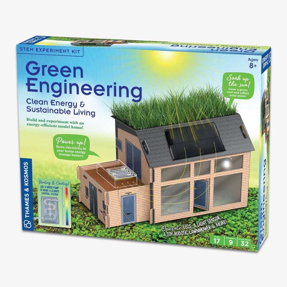 The "Green Engineering: Clean Energy & Sustainable Living" STEM kit teaches kids 8+ about clean energy and sustainability with a model eco-friendly house featuring solar panels and a grassy roof.