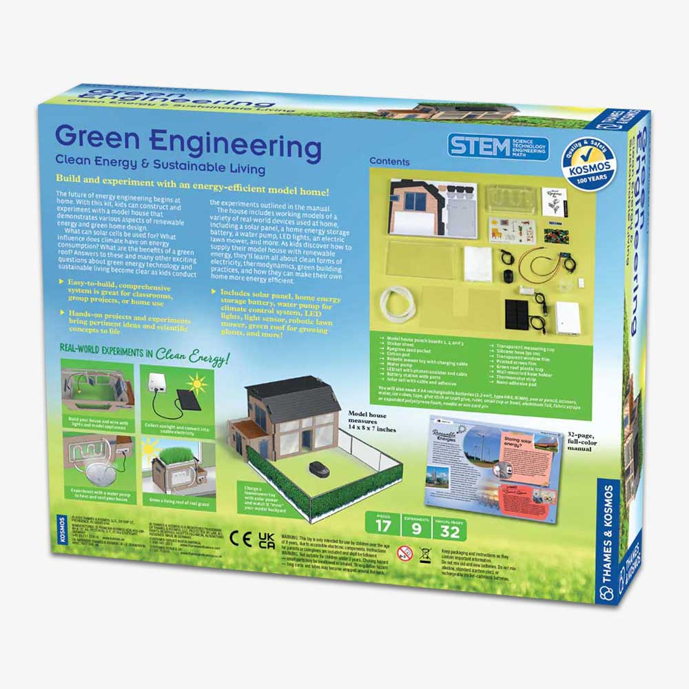 The back of the Green Engineering: Clean Energy & Sustainable Living box shows model parts, wires, a solar panel, and instructions—plus experiments that inspire kids to explore sustainable homes and clean energy for a greener future.