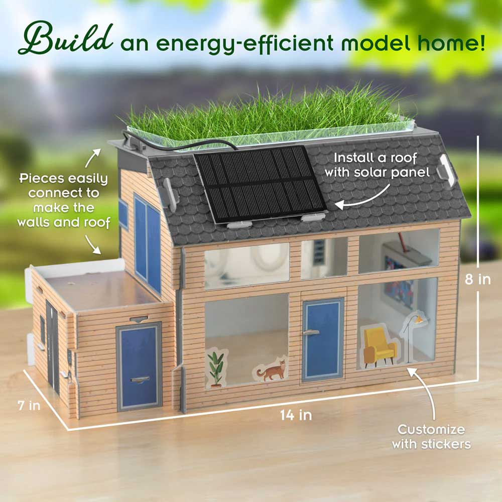 The Green Engineering: Clean Energy & Sustainable Living kit features a 14"x7"x8" model home with solar panels and a green roof. This STEM set offers clean energy demos, easy assembly, stickers, and customizable options for sustainable living.