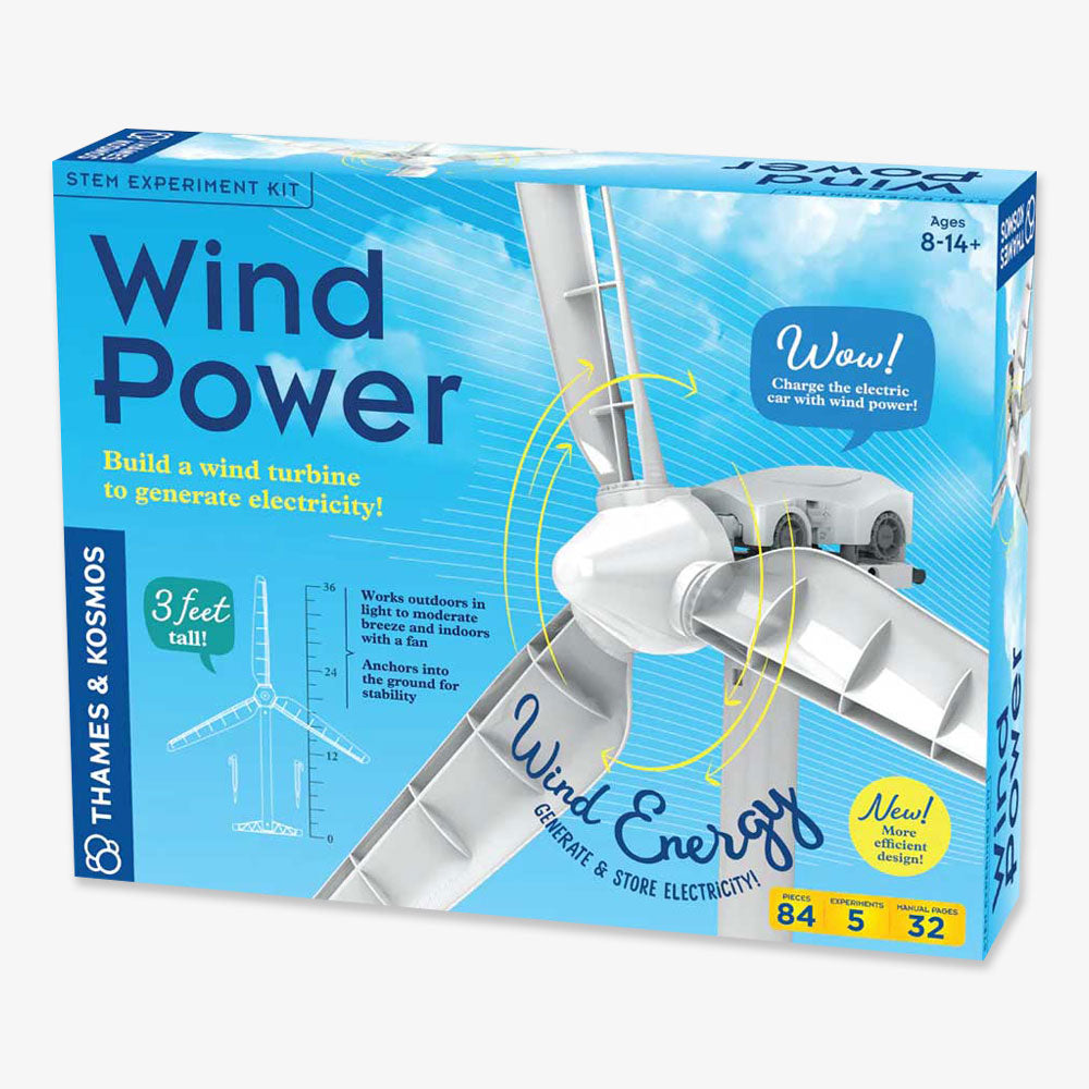 Windpower STEM experiment kit features a wind turbine model for building and generating electricity. Designed for ages 8-14+, it stands 3 feet tall. The blue and white kit offers an educational clean energy toy experience.