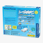 The back of the Windpower box shows kit contents and assembly pieces. Build a wind turbine, generate electricity, and power a model car with this clean energy STEM kit, suitable for ages 8 and up.