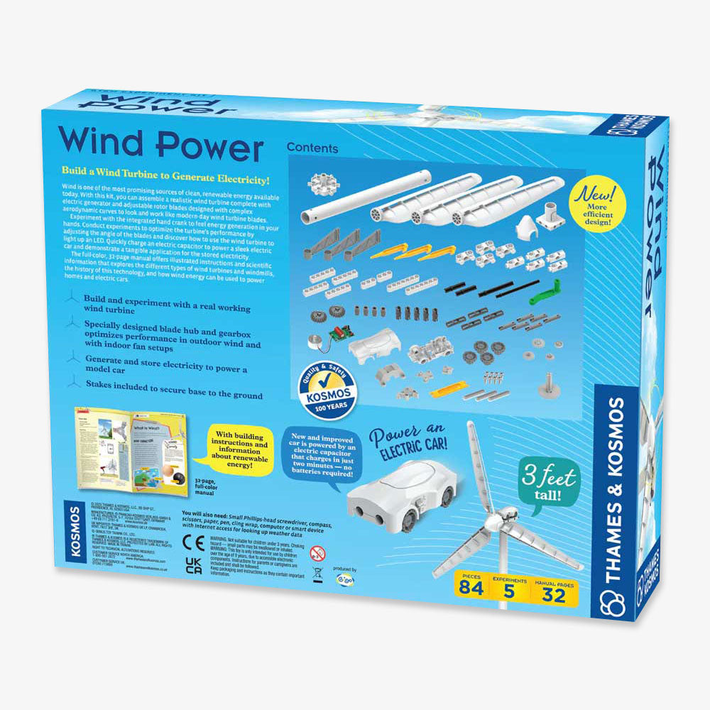 The back of the Windpower box shows kit contents and assembly pieces. Build a wind turbine, generate electricity, and power a model car with this clean energy STEM kit, suitable for ages 8 and up.