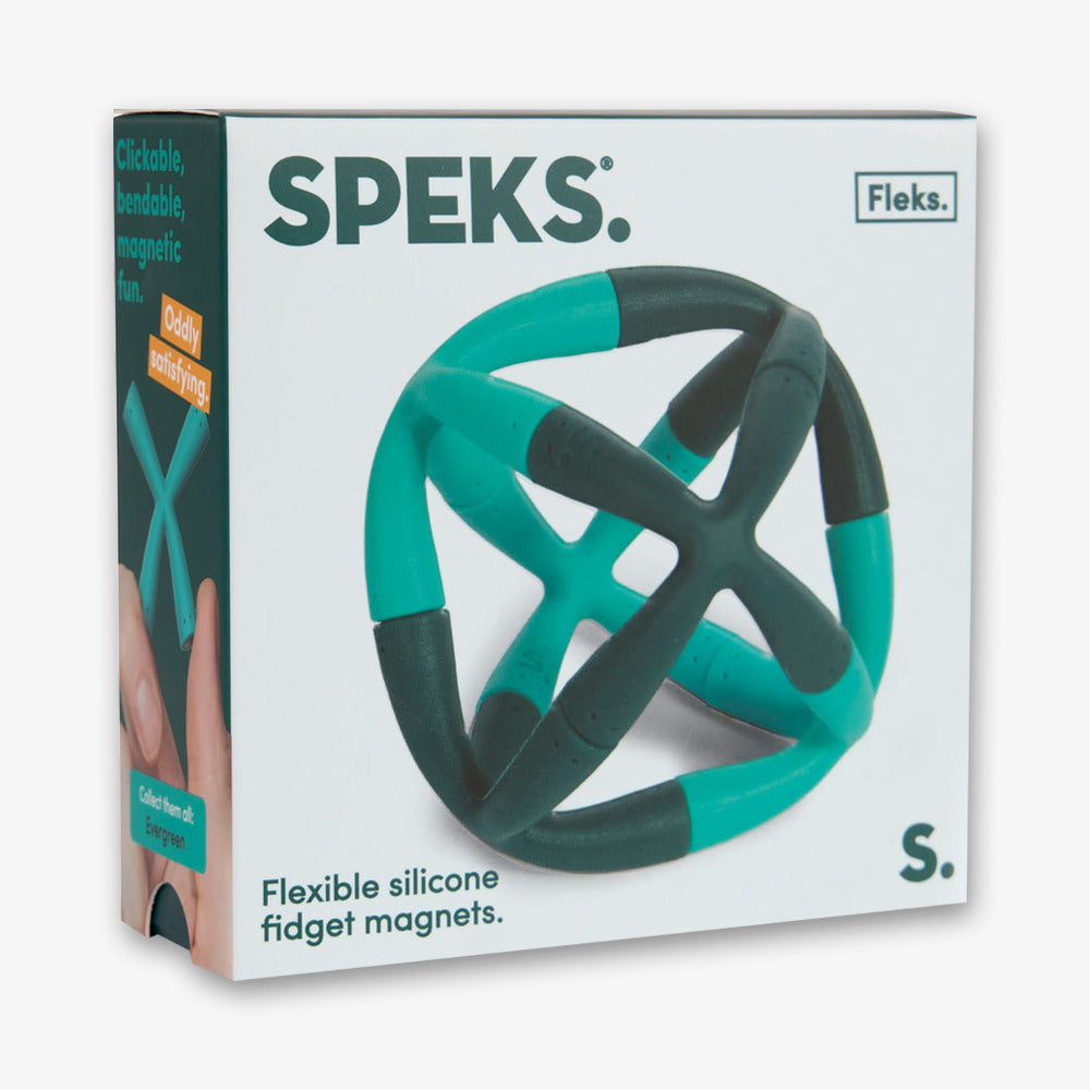 A box of the Evergreen Flex Set is shown. The front features an image of the teal and black flexible silicone fidget magnets, labeled “Flexible silicone fidget magnets.” A hand holding the toy is pictured on the side.