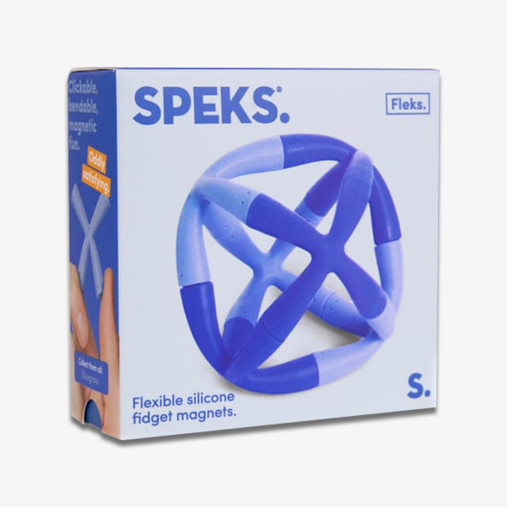 A box of Bluegrass Flex Set silicone fidget magnets, with a blue and white stress-relief toy pictured on the front and product details displayed on the packaging.