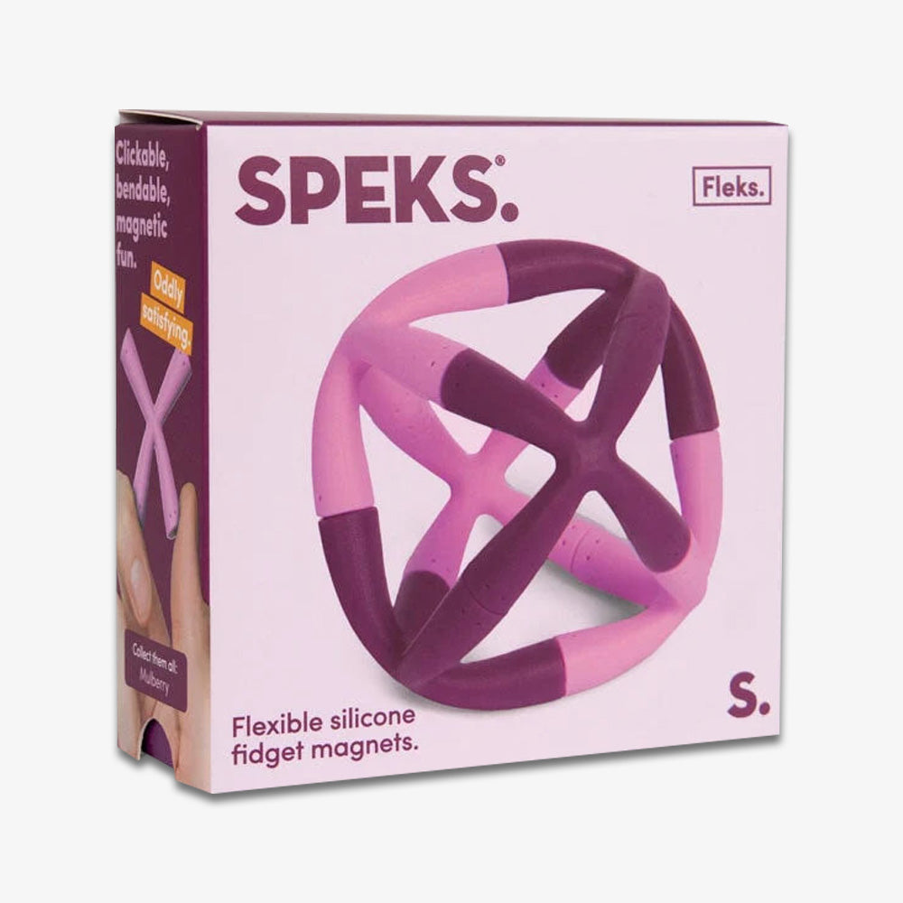A box of Mulberry Flex Set silicone fidget magnets, an educational sensory toy, with a purple and pink design on the front and text describing it as clickable, bendable, and magnetic fun.