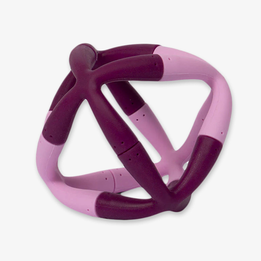 The Mulberry Flex Set is a geometric, hollow, spherical sensory toy with intersecting curved bars in dark purple and light pink, shown on a white background.