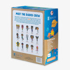 Back of Marine Biology STEAM Kit box with cartoon illustrations of diverse kids—the Dadisi Crew—short bios, a list of kit contents, vibrant ocean-themed graphics, and glow-in-the-dark marine life along the side.