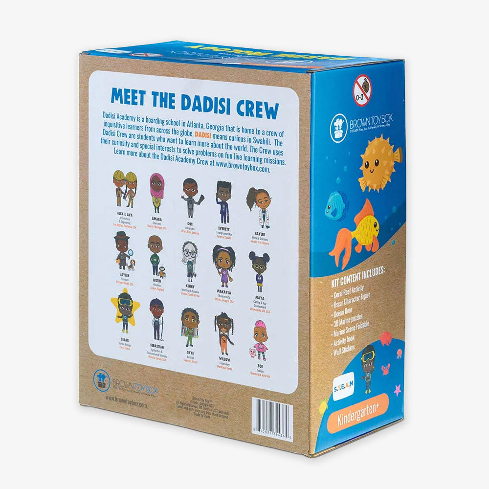 Back of Marine Biology STEAM Kit box with cartoon illustrations of diverse kids—the Dadisi Crew—short bios, a list of kit contents, vibrant ocean-themed graphics, and glow-in-the-dark marine life along the side.