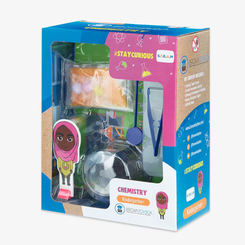 The Chemistry STEAM Kit for kindergarteners comes in a blue box labeled "Chemistry Kindergarten," featuring cartoon science graphics and clear windows that display the DIY crystal-making lab equipment inside.