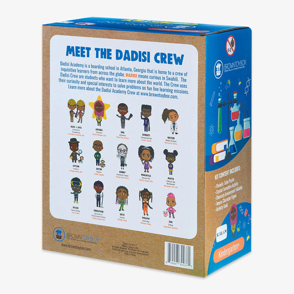 Back of a colorful Chemistry STEAM Kit box featuring diverse illustrated kids as the “Dadisi Crew.” The text introduces the crew and highlights kit contents like a DIY crystal activity. Science graphics and a kindergarten label are on the side.