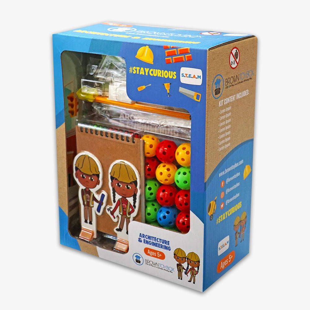 The Architecture and Engineering STEAM Kit is a boxed educational toy for ages 5+, with colorful construction parts, kid character cutouts in hard hats, a spiral-bound notebook, and #StayCurious branding on the package.