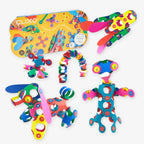 Clixo Rainbow Pack box displayed alongside several colorful creatures and structures assembled from the pieces of this STEAM toy.