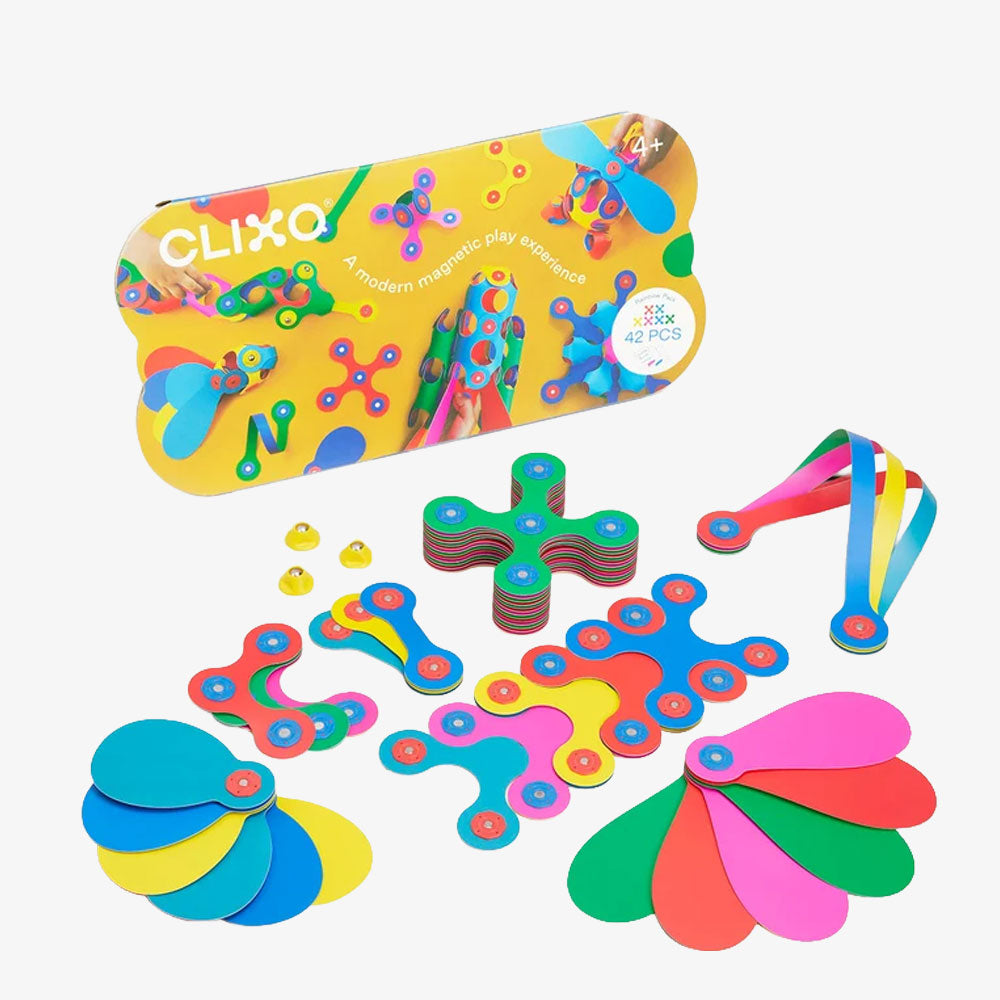 Colorful Clixo Rainbow Pack magnetic pieces and their packaging box from this STEAM toy set.