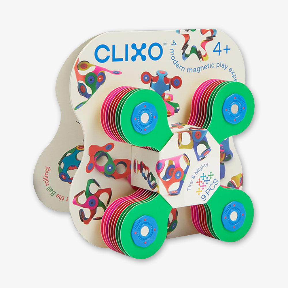 Clixo Tiny and Mighty Pack 9-piece magnetic play set in packaging.