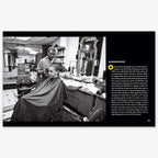 A Black barber trims a man’s hair in a bustling barbershop. Tools, mirror, and cape are seen. On the right, text highlights "Barack Before Obama: Life Before the Presidency." Everyday life is captured in this vibrant photo.