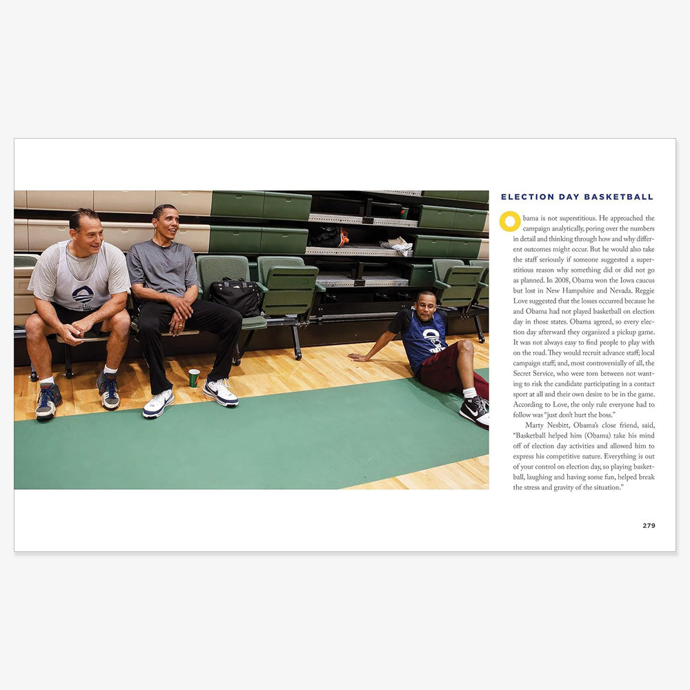 Three men in sportswear relax on gym bleachers beside a green mat, smiling together. Gym shelves and basketballs fill the background. On the right, text about "Barack Before Obama: Life Before the Presidency" is displayed.