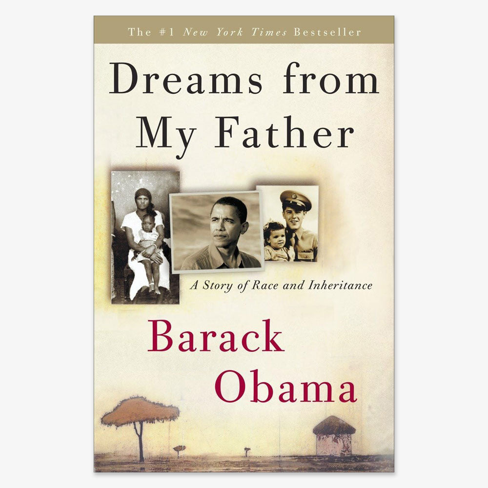 Cover of Dreams from My Father: A Story of Race and Inheritance, Barack Obama’s memoir, featuring sepia-toned family photos, trees, and huts—reflecting on black American identity.