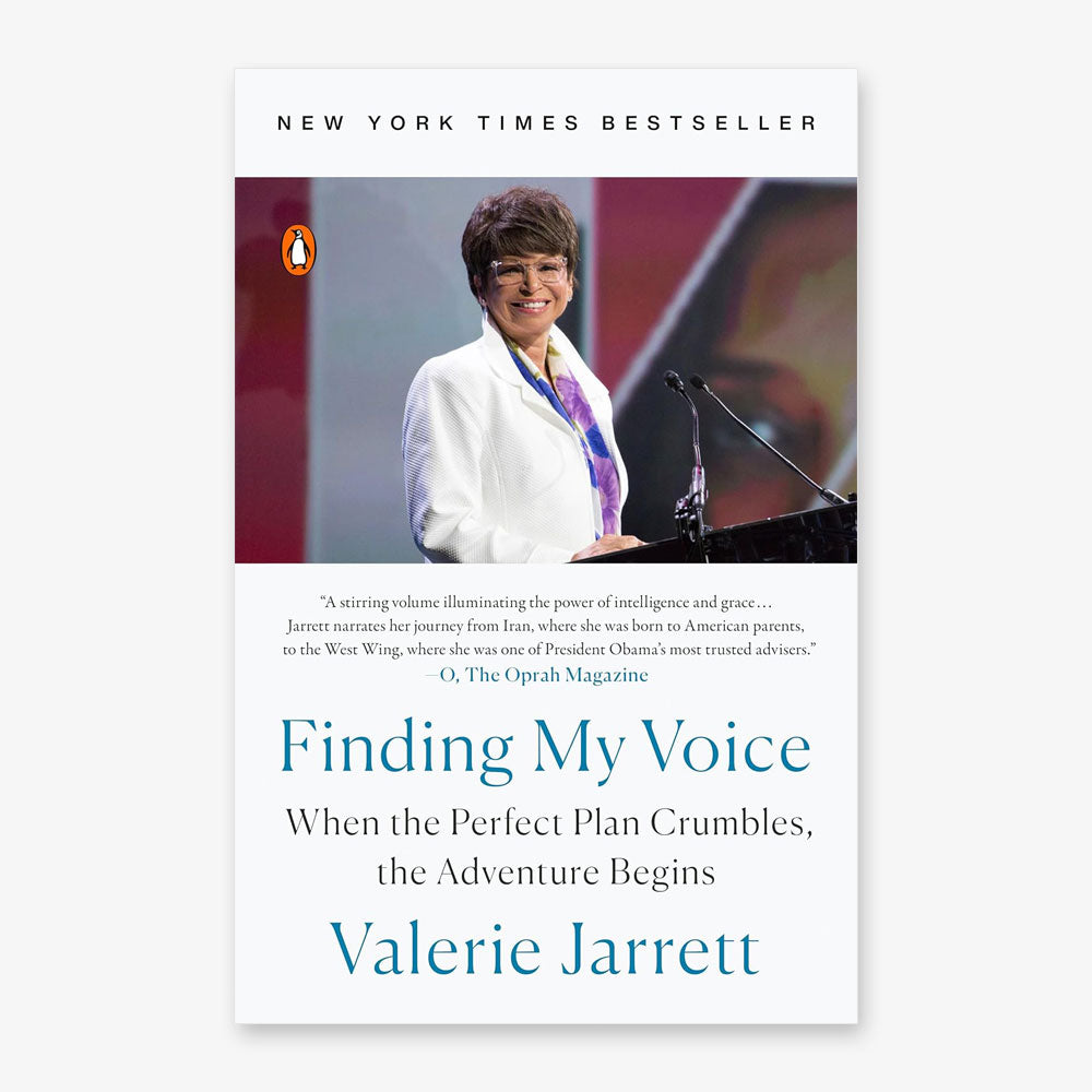 Book cover of Finding My Voice: When the Perfect Plan Crumbles, the Adventure Begins, featuring a smiling woman in a white blazer at a podium, with a review quote.