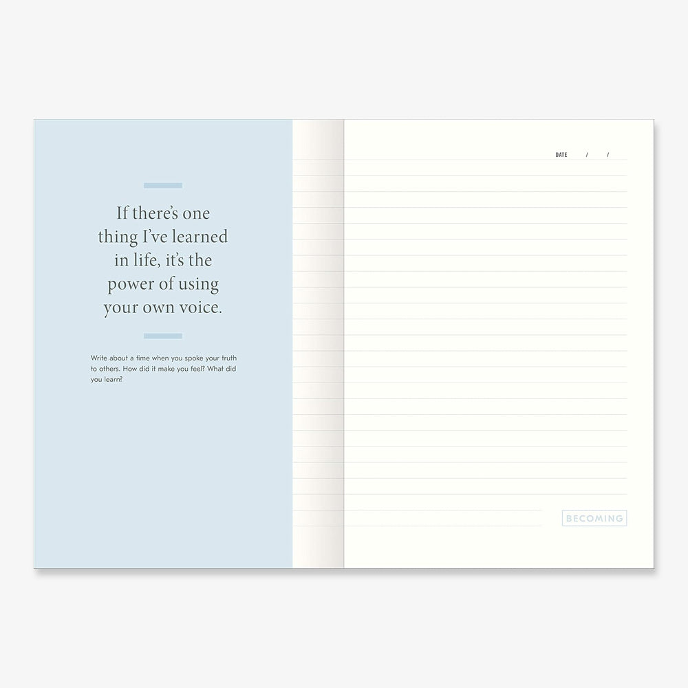A page from Becoming: A Guided Journal for Discovering Your Voice features an inspiring quote about self-expression and space to write, with "BECOMING" at the bottom right, echoing Michelle Obama's empowering message.