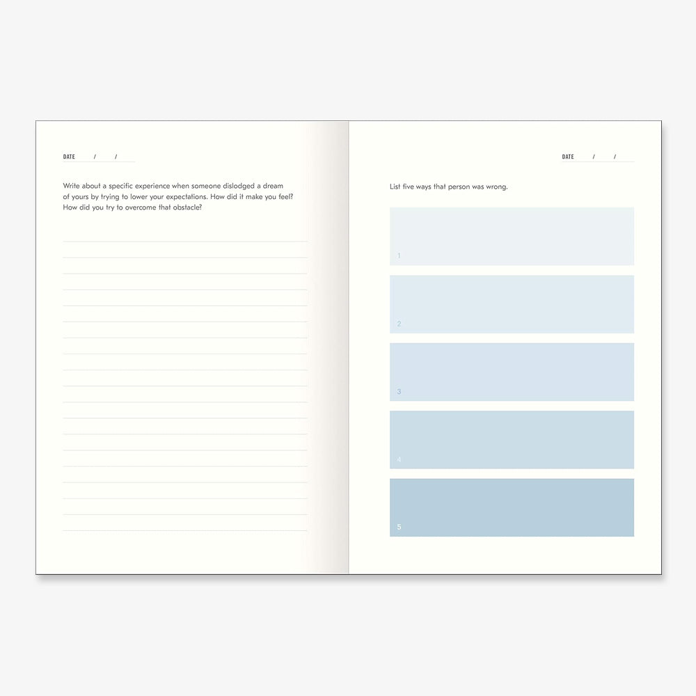 An open Becoming: A Guided Journal for Discovering Your Voice shows two pages: the left asks about a time your dream was dismissed, with lined space; the right prompts you to list five ways that person was wrong, with numbered boxes.