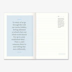 Becoming: A Guided Journal for Discovering Your Voice features an open layout with a quote about hidden stories and ideals on the left and lined space plus a prompt on the right, inviting you to reflect on how someone changed your view of them or yourself.
