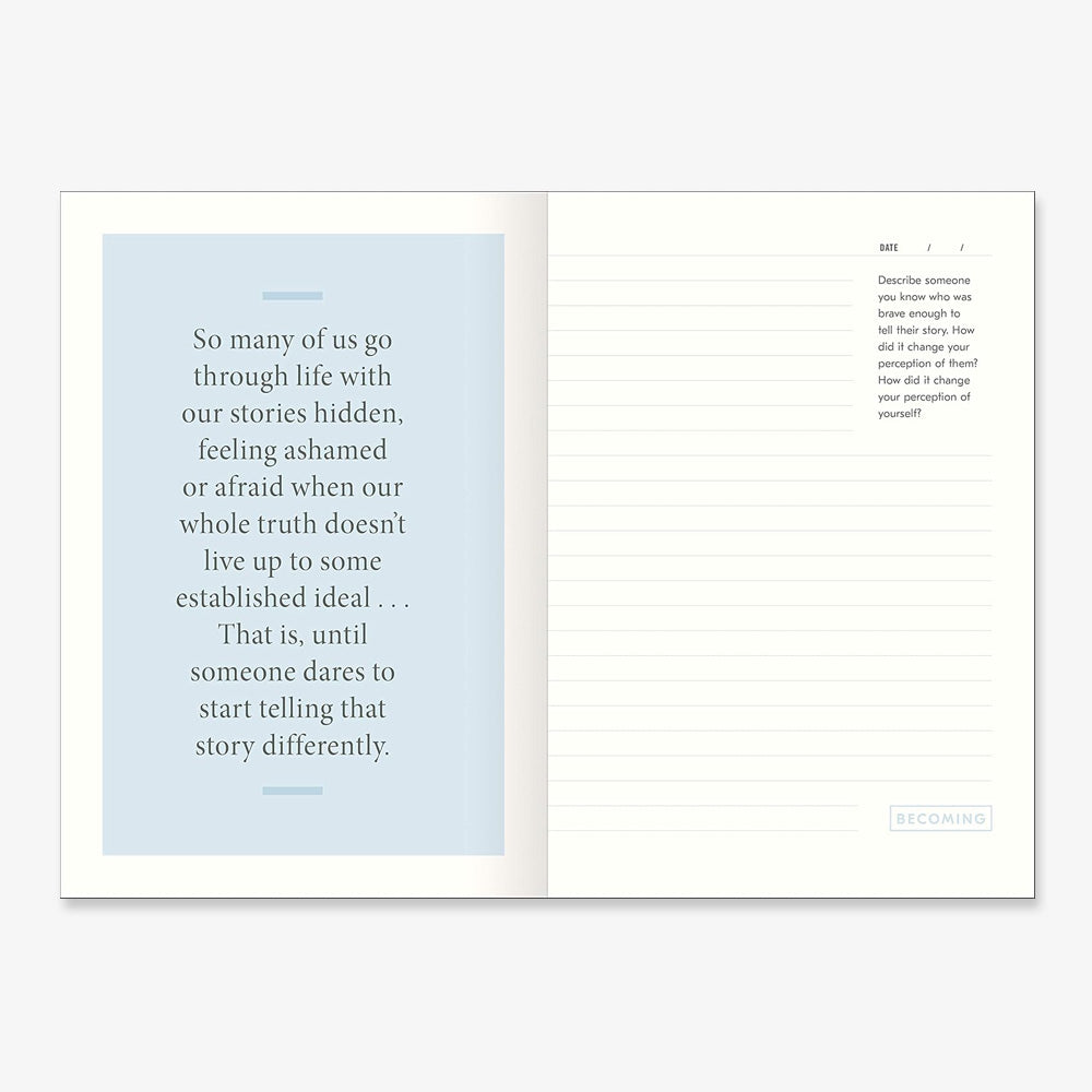 Becoming: A Guided Journal for Discovering Your Voice features an open layout with a quote about hidden stories and ideals on the left and lined space plus a prompt on the right, inviting you to reflect on how someone changed your view of them or yourself.
