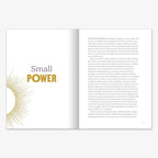 An open Overcoming: A Workbook shows “Small POWER” in large text with gold sunburst lines on the left page. The right, inspired by The Light We Carry, has clean sans-serif text on white. Page 5 appears at the bottom.